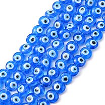 Flat Round Evil Eye Lampwork Bead Strands, 15~16x8~9mm, Hole: 2mm, about 24pcs/strand, 13.7 inch