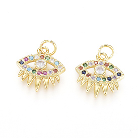 Brass Micro Pave Cubic Zirconia Charms, with Jump Rings, Long-Lasting Plated, Evil Eye, Colorful