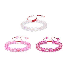 3Pcs 3 Color Synthetic Moonstone Braided Bead Bracelets, Gemstone Stackable Bracelets for Women