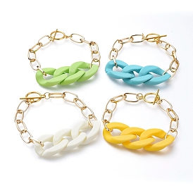 Chain Bracelets, with Spray Painted Acrylic Quick Link Connectors, Aluminium Paperclip Chains and Alloy Toggle Clasps