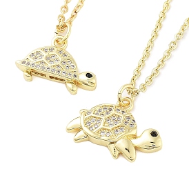 Brass Micro Pave Clear Cubic Zirconia Cable Chain Tortoise/Turtle Pendant Necklaces for Women