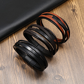 Leather Multi-strand Bracelet, with Stainless Steel Magnetic Clasp