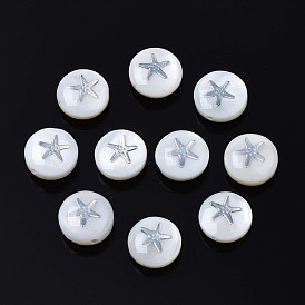 Natural Freshwater Shell Beads, with Brass Metal Embellishments, Flat Round with Star