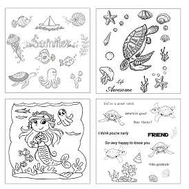 Ocean Clear Silicone Stamps, for DIY Scrapbooking, Photo Album Decorative, Cards Making, Square with Sea Turtle & Fish & Mermaid Pattern