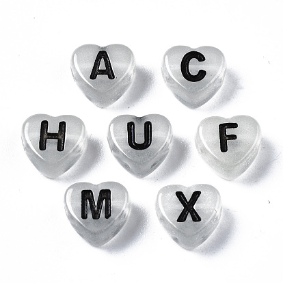 Luminous White Smoke Acrylic Beads, Horizontal Hole, Heart with Mixed Letter