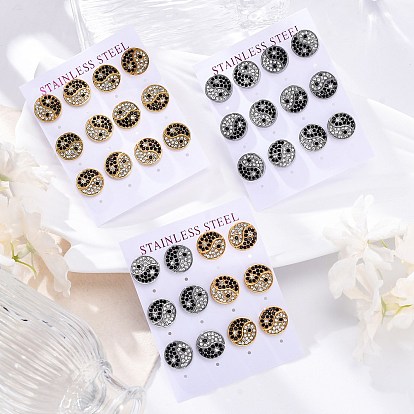 304 серьги из нержавеющей стали горный хрусталь, вакуумное покрытие pvd, плоские круглые с инь-янь