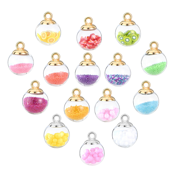 Glass Ball Pendants, with Micro Beads, Polyfoam, Polymer Clay and CCB Plastic Findings, Round
