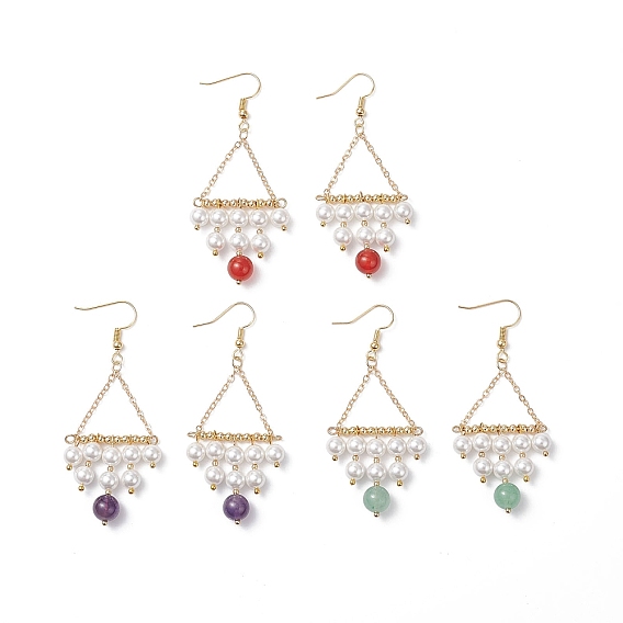 3 пары 3 стили серьги-подвески в форме ромба из натурального драгоценного камня, с адскими жемчужными бусинами и латунными крючками для сережек, реальный 18 k позолоченный