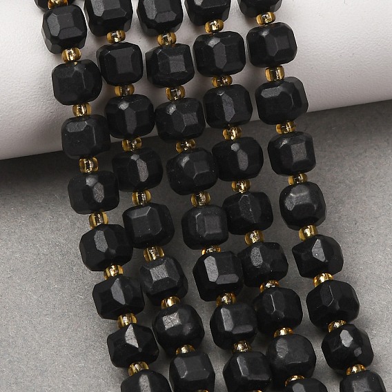 Natural Shungite Beads Strands, Faceted Table Cut Cube Beads, with Seed Beads