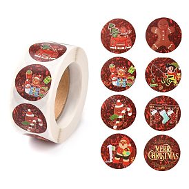 Christmas Theme Self-Adhesive Paper Gift Tag Stickers, Flat Round with Christmas Pattern
