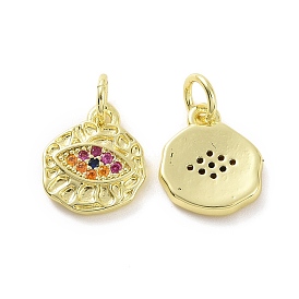 Brass Micro Pave Cubic Zirconia Charms, Real 18K Gold Plated, with Jump Ring, Irregular Flat Round with Eye