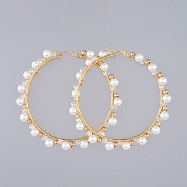 Серьги-кольца с бусинами, с белыми стеклянными жемчужными бусинами и 304 серьгами-кольцами из нержавеющей стали., прозрачные стеклянные бусы и латунные бусы, кольцо