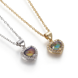 Temperature Changing Color Glass Pendant Necklaces, with Brass Micro Pave Cubic Zirconia Findings, Heart