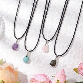 4 шт. 4 стили ожерелья с подвесками в форме капли из натурального лабрадорита, амазонита, розового кварца и аметиста, ожерелья из черного вощеного хлопкового шнура для женщин
