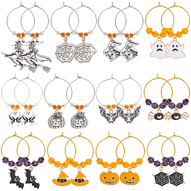 BENECREAT 24Pcs 12 Styles Halloween Witch & Bat & Spider & Pumpkin & Ghost Alloy Dangle Wine Glass Charms with Glass Beads, Brass Hoop Earrings