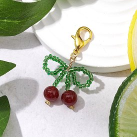 Cherry Gemstone & Glass Seed Beads Pendant Decorations, with Zinc Alloy Lobster Claw Clasps