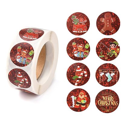 Christmas Theme Self-Adhesive Paper Gift Tag Stickers, Flat Round with Christmas Pattern