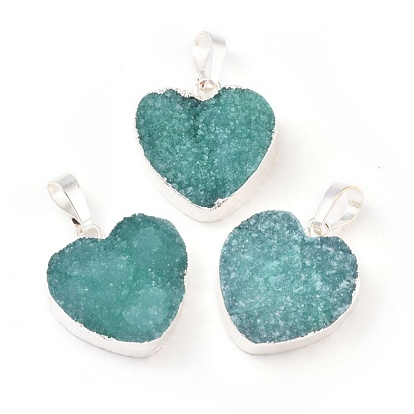 Electroplated Natural Dyed Druzy Quartz Pendants, with Brass Findings, Heart, Silver Color Plated