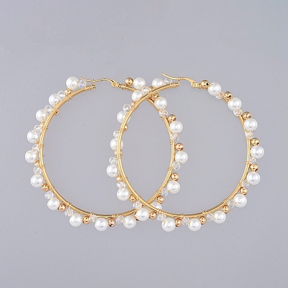 Серьги-кольца с бусинами, с белыми стеклянными жемчужными бусинами и 304 серьгами-кольцами из нержавеющей стали., прозрачные стеклянные бусы и латунные бусы, кольцо