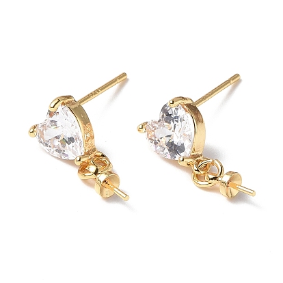 Brass Glass Rhinestone Stud Earrings Findings, with 925 Sterling Silver Pins Cup Peg Bails, Real 18K Gold Plated, Heart