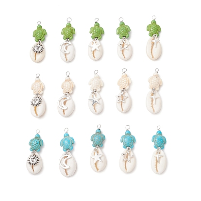 5 шт. 5 стили подвески из натуральной раковины каури и окрашенной синтетической бирюзы в виде черепахи, обмотанные медной проволокой, с подвесками из сплава солнца, луны и звезд, старинное серебро и платина