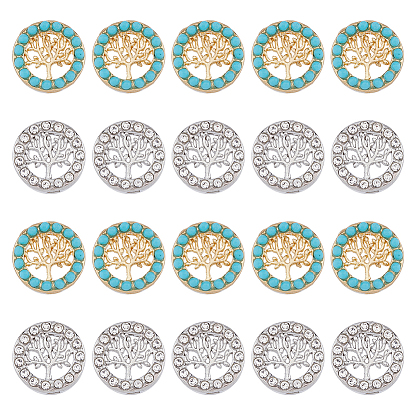 50шт 2 стиль сплава слайд-шармы, с синтетической бирюзой и хрустальными стразами, плоские круглые с дерева жизни