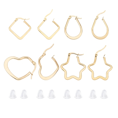 201 Stainless Steel Hoop Earrings, with 304 Stainless Steel Pins, Flat Star & Teardrop & Rhombus & Heart