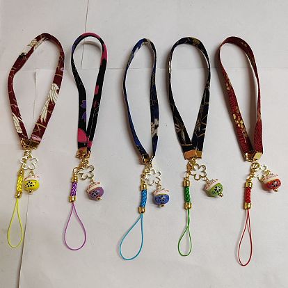 Correas móviles de la muñeca del poliéster del patrón de flor de 5pcs, colgante de gato de la fortuna de porcelana y cuerdas de poliéster decoración de accesorios para móviles, sakura