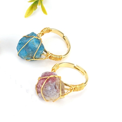 Natural Mixed Gemstone Nugget Adjustable Rings, Golden Copper Wire Wrap Ring