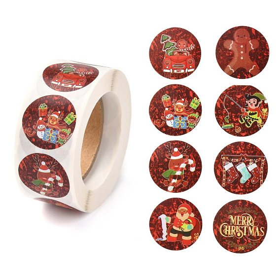Christmas Theme Self-Adhesive Paper Gift Tag Stickers, Flat Round with Christmas Pattern