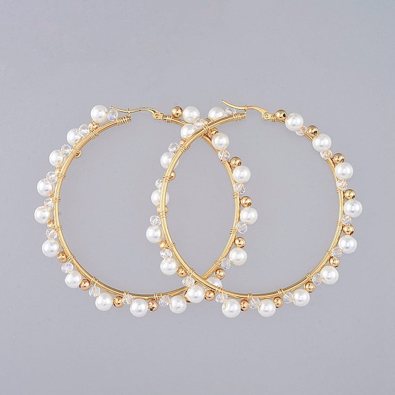 Серьги-кольца с бусинами, с белыми стеклянными жемчужными бусинами и 304 серьгами-кольцами из нержавеющей стали., прозрачные стеклянные бусы и латунные бусы, кольцо