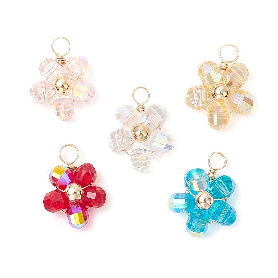 Подвески из прозрачного гальванического стекла, цветок, с латунно-медной проволокой светло-золотистого цвета, граненые