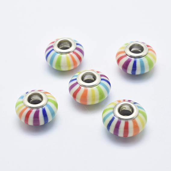 Handmade Polymer Clay European Beads, with Silver Color Plated Brass Cores, Large Hole Beads, Rondelle with Stripe Pattern