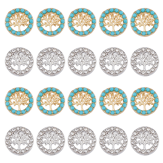 50шт 2 стиль сплава слайд-шармы, с синтетической бирюзой и хрустальными стразами, плоские круглые с дерева жизни