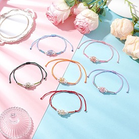 6Pcs Adjustable Nylon Cord Braided Beads Bracelets, Acrylic Flower Bead Bracelets for Women, with Glass Seed Beads