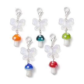 Mushroom Handmade Lampwork & Acrylic Butterfly Pendant Decorations, with Alloy Lobster Claw Clasps