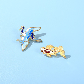 Exquisite Crane and Koi Fish Couple Brooch Set for Silk Scarf Hanfu Pin, Metal Badge Accessory
