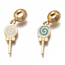 304 Stainless Steel Enamel European Dangle Charms, Large Hole Pendants, Lollipop Shape, Golden