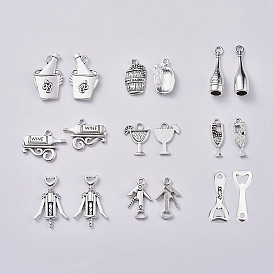 Wine Theme, Tibetan Style Zinc Alloy Pendants, Beer Barrel & Bottle Opener & Wine & Corkscrew & Wine Bottle & Wine Glass & Wine Barrel & Cocktail Glass