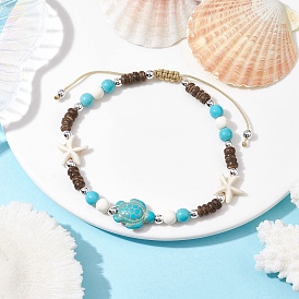 Starfish & Tortoise Synthetic Turquoise Braided Bead Anklets, Nylon Cord Adjustable Bracelets