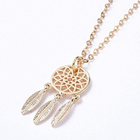 Pendant Necklaces, with Brass Pendants and 304 Stainless Steel Lobster Claw Clasps, Woven Net/Web with Feather