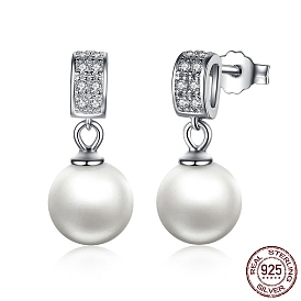 925 Sterling Silver Cubic Zirconia Stud Earrings, with Round Shell Pearl, 17mm, Pin: 0.8mm