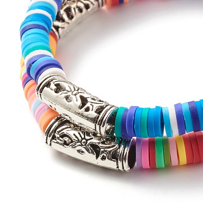 Handmade Polymer Clay Heishi Beads Stretch Bracelets, with Alloy