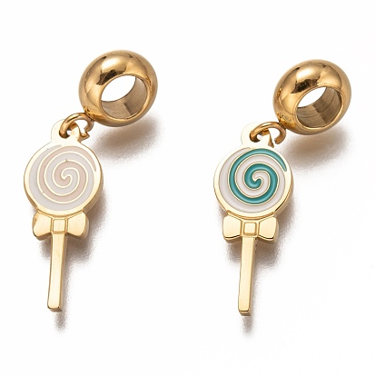 304 Stainless Steel Enamel European Dangle Charms, Large Hole Pendants, Lollipop Shape, Golden