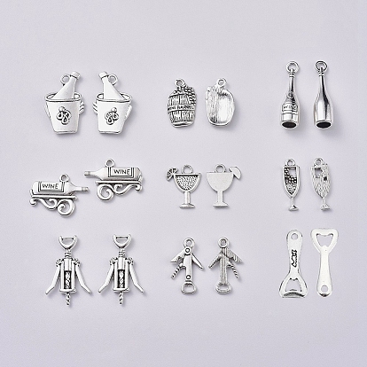 Wine Theme, Tibetan Style Zinc Alloy Pendants, Beer Barrel & Bottle Opener & Wine & Corkscrew & Wine Bottle & Wine Glass & Wine Barrel & Cocktail Glass
