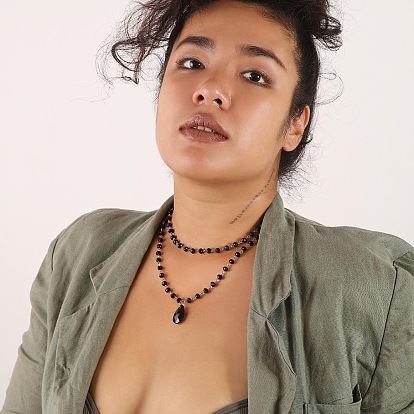 Готический стиль сплав и акрил цепочка звеньев ручной работы черный кулон слеза двухслойные ожерелья для женщин