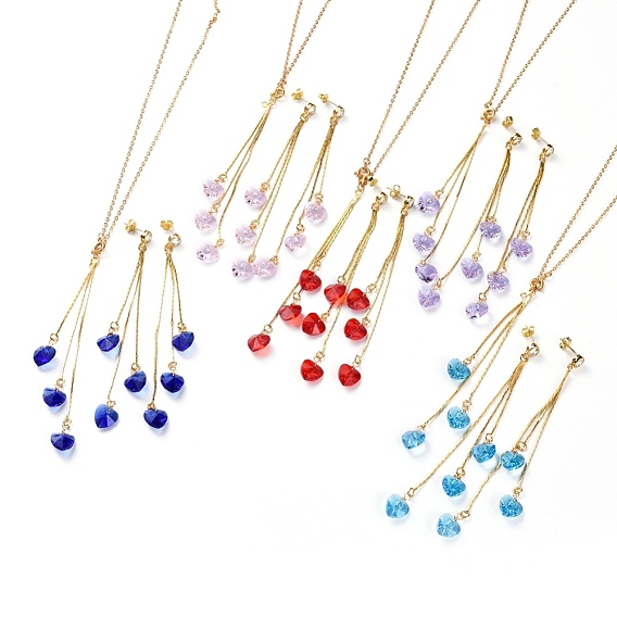 Stud Earrings & Pendant Necklaces Sets, with Heart Glass Charms, Brass Chain Chandelier Components Links & Cable Chains & Stud Earring Findings & Ear Nuts, with Cardboard Box