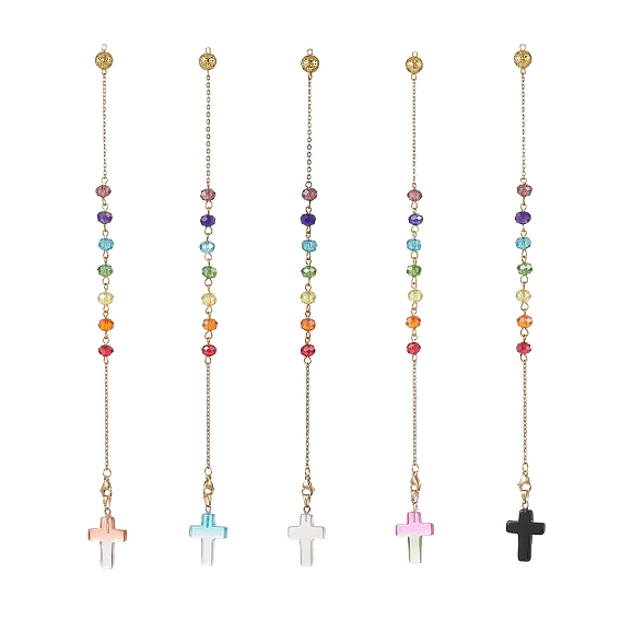 Chakra Glass Beaded Dowsing Pendulum, Cross Charm, with Natural Lava Rock Bead