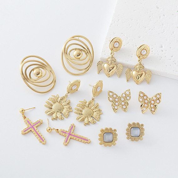 304 Stainless Steel Enamel Stud Dangle Earrings for Women, Cross