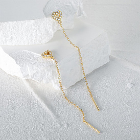 S925 Sterling Silver Hollow Heart Chain Tassel Ear Thread, with Clear Cubic Zirconia